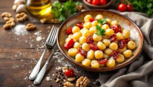 Gnocchi cremosi con pomodori secchi, noci e robiola: il primo piatto semplice e geniale