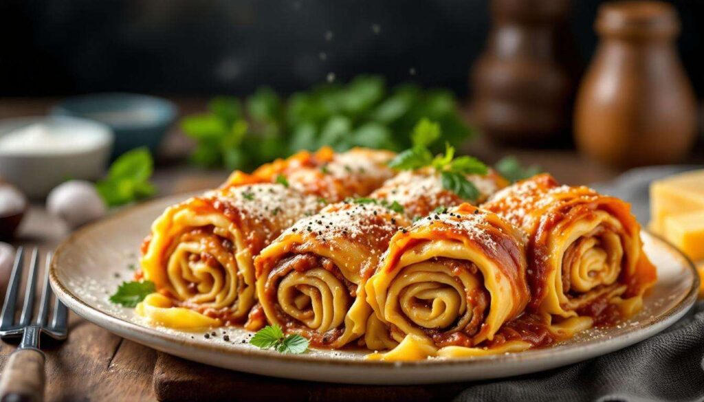 Rose di lasagne al forno: rotolini filanti con ragù di salsiccia e besciamella