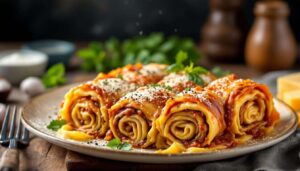 Rose di lasagne al forno: rotolini filanti con ragù di salsiccia e besciamella