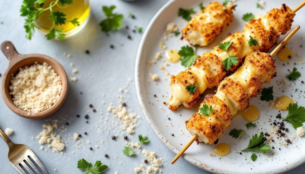 Spiedini di pollo e formaggio: croccanti fuori, filanti dentro (con doppia panatura)
