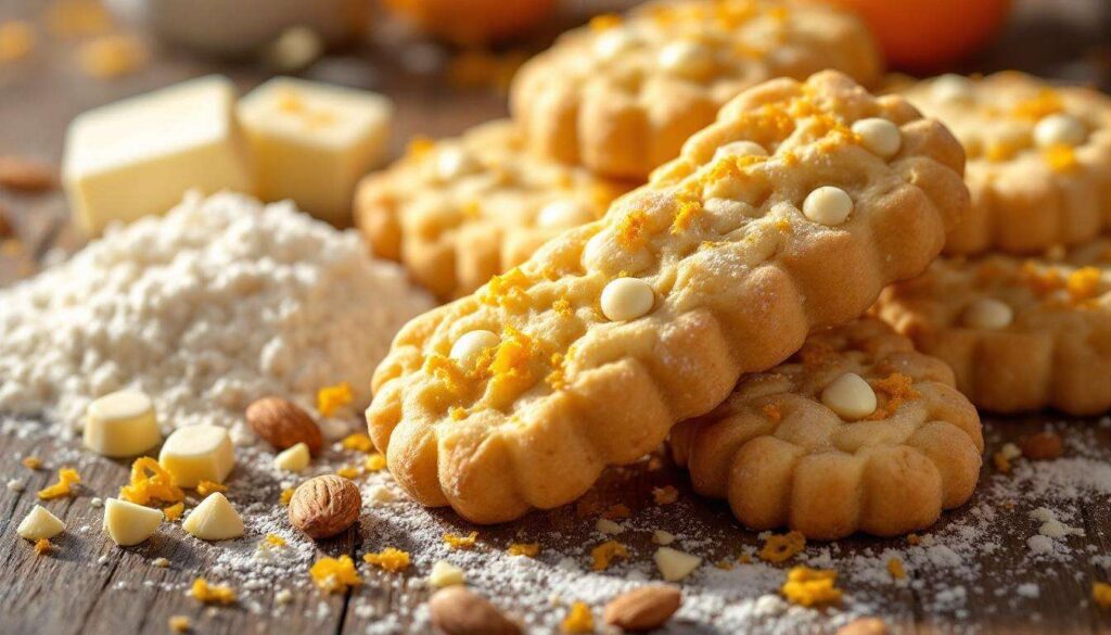 Biscotti di pasta frolla all’arancia con mandorle e cioccolato bianco