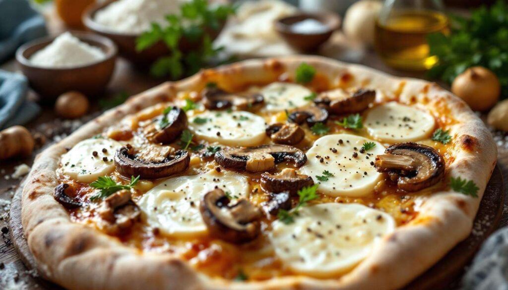 Pizza in teglia 4 formaggi e funghi: impasto alto e formaggi filanti