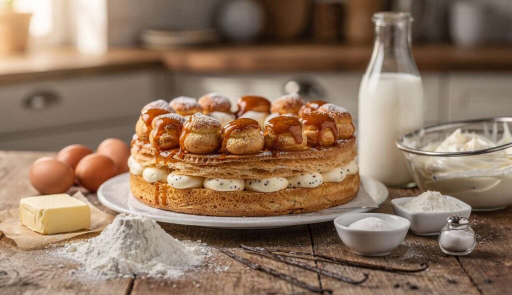 Torta Saint Honoré fatta in casa: crema doppia, sfoglia croccante e bignè in corona