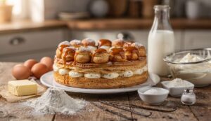 Torta Saint Honoré fatta in casa: crema doppia, sfoglia croccante e bignè in corona