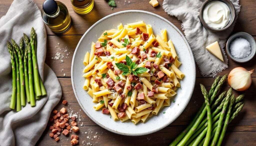 Penne rigate con crema di asparagi e pancetta: il pranzo della domenica che si prepara da solo
