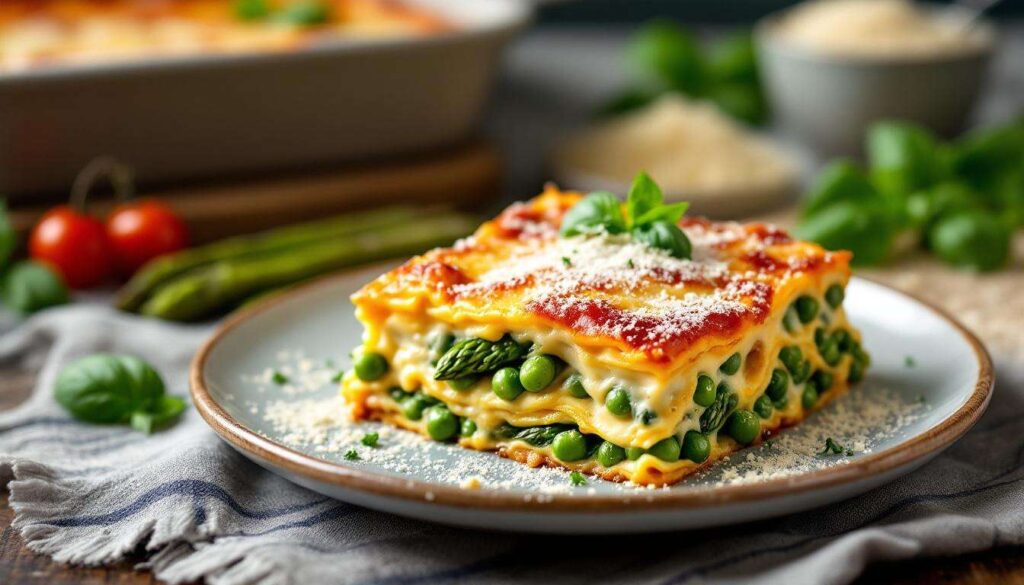 Lasagne vegetariane di primavera con asparagi, piselli e besciamella leggera