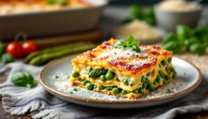Lasagne vegetariane di primavera con asparagi, piselli e besciamella leggera