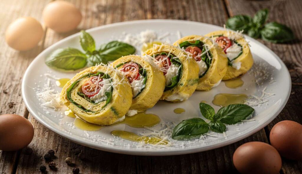 Rotolo di frittata farcito con rucola, stracchino e pomodorini: l’antipasto che fa scena