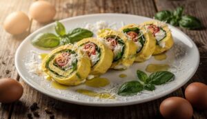 Rotolo di frittata farcito con rucola, stracchino e pomodorini: l’antipasto che fa scena