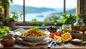 Fregula sarda con verdure e lenticchie - Cucina vista oceano