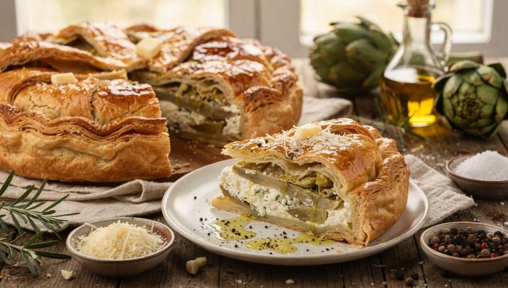 Torta Pasqualina genovese con carciofi e ricotta: croccante fuori, cremosa dentro