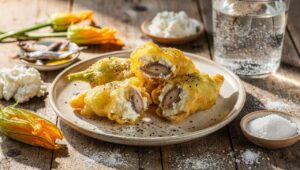 Frittelle di fiori di zucca ripiene di ricotta e alici: croccanti fuori e cremose dentro