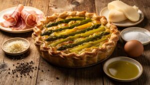 Torta salata con asparagi, speck e scamorza affumicata: filante e pronta in 30 minuti