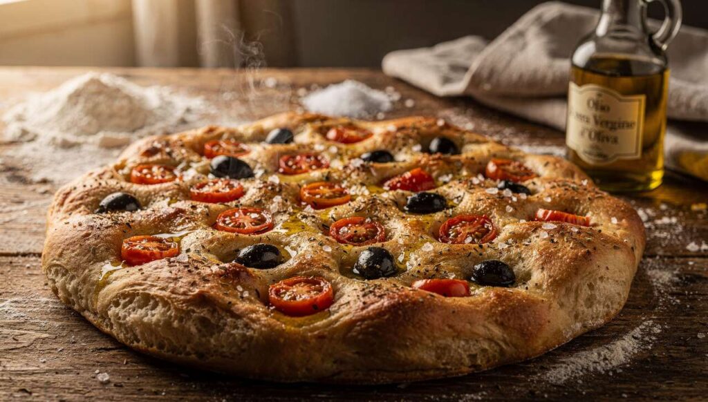 Focaccia pugliese con pomodorini e olive: croccante e soffice, il segreto è nell'impasto idratato