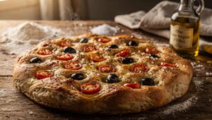 Focaccia pugliese con pomodorini e olive: croccante e soffice, il segreto è nell'impasto idratato