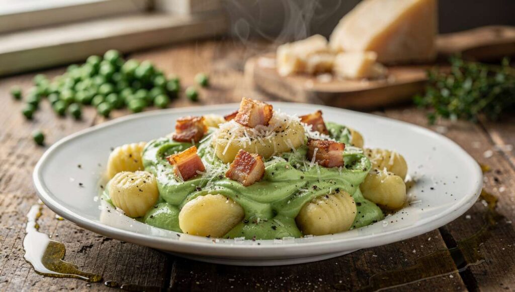 Gnocchi di patate con crema di piselli e pancetta: il pranzo della domenica pronto in 20 minuti