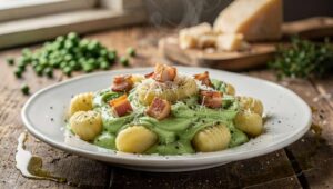 Gnocchi di patate con crema di piselli e pancetta: il pranzo della domenica pronto in 20 minuti