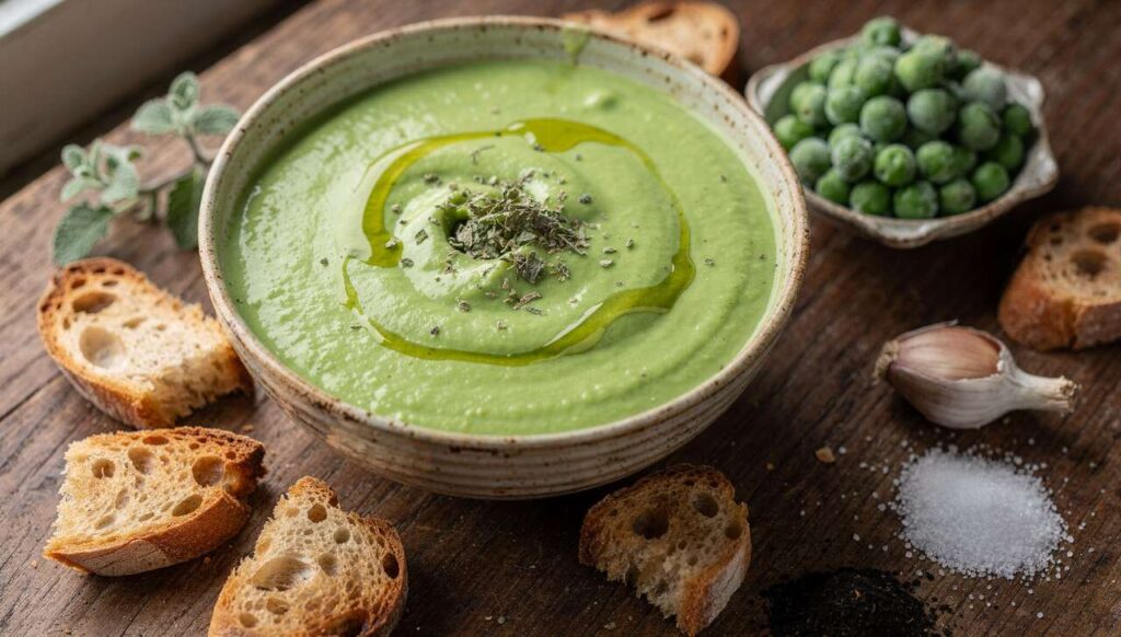 Vellutata di piselli e menta con crostini croccanti: il primo piatto leggero che si prepara da solo