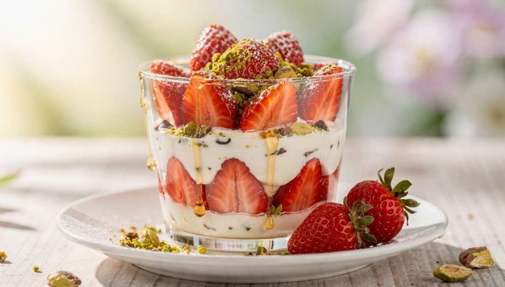 Fragole con crema al mascarpone e granella di pistacchio, il dessert di primavera in 5 minuti