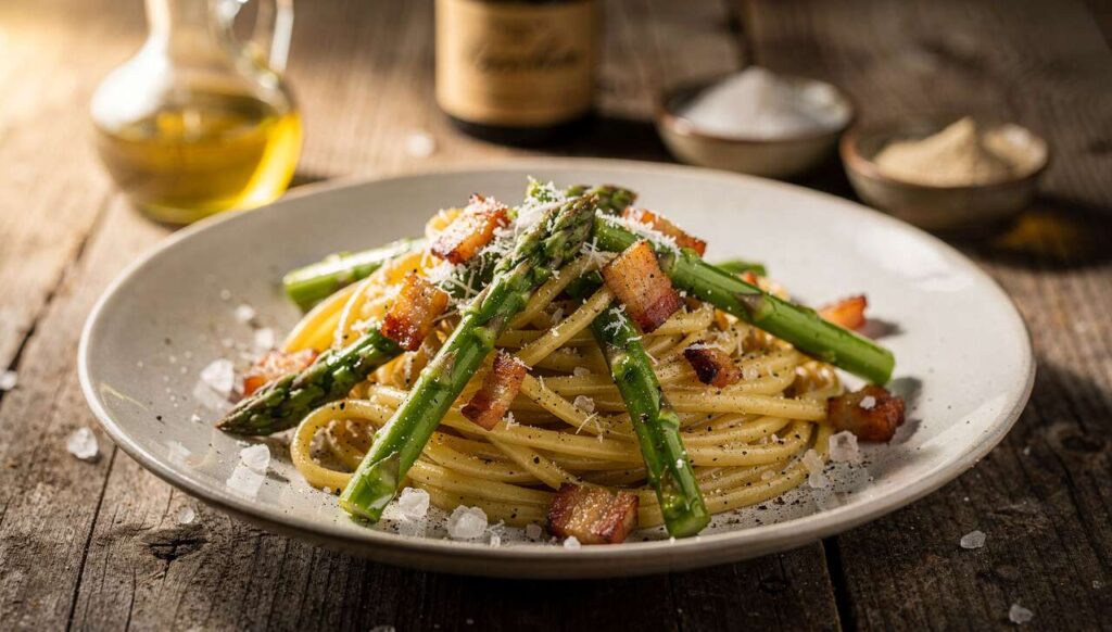 Pasta con asparagi e guanciale croccante: il primo piatto di primavera pronto in 15 minuti