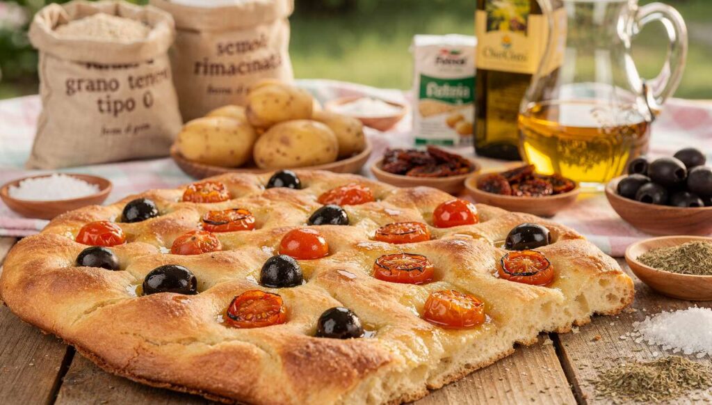 Focaccia barese per il picnic di Pasquetta, croccante e soffice con pomodorini e olive