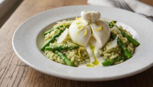 Risotto con crema di asparagi e burrata pugliese, il primo piatto elegante di primavera