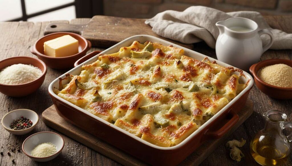 Pasta al forno bianca con carciofi e scamorza, il primo piatto filante per Pasquetta