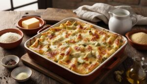 Pasta al forno bianca con carciofi e scamorza, il primo piatto filante per Pasquetta