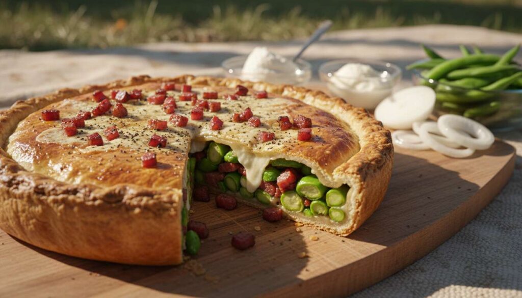 Torta salata con fave fresche, pecorino e pancetta croccante per il picnic di Pasquetta
