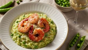 Risotto alla crema di piselli e gamberi rossi di Mazara, il primo piatto elegante per Pasqua