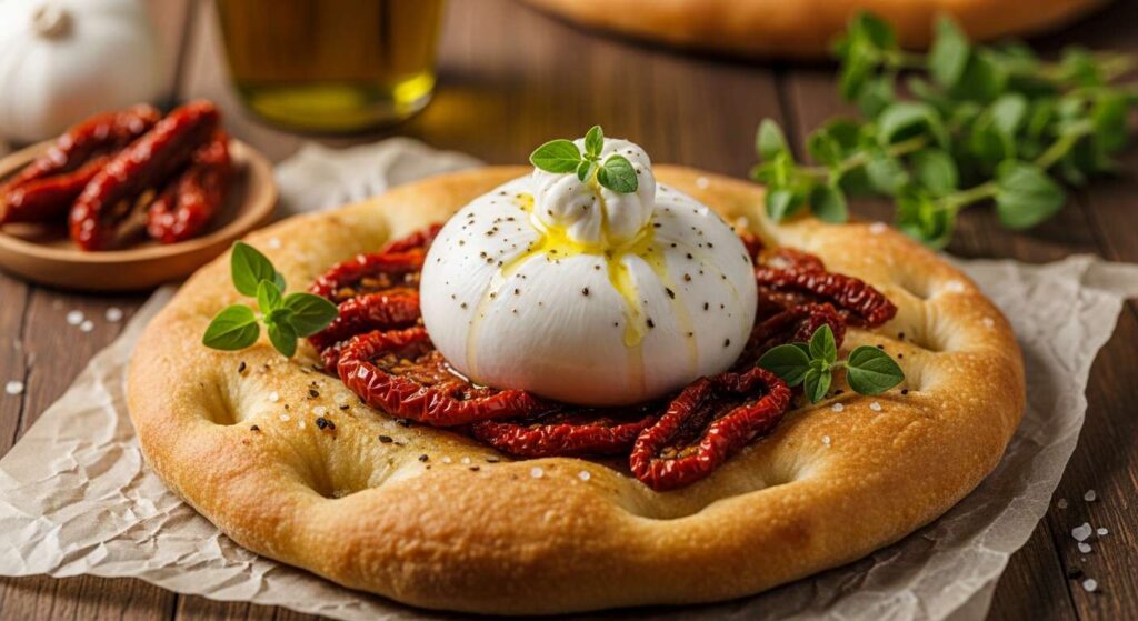 Focaccia barese farcita con burrata e pomodori secchi: croccante, cremosa e pronta in 45 minuti!