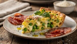 Frittata di maccheroni napoletana farcita con provola e piselli freschi, il piatto perfetto per Pasquetta