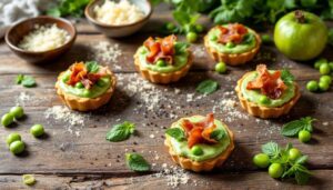 Crostatine salate con crema di piselli freschi e guanciale: l'antipasto di primavera che piace a tutti