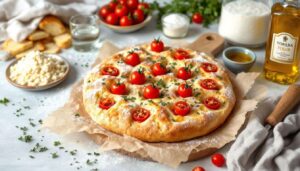 Focaccia genovese di Benedetta Rossi con pomodorini e origano: alta, soffice e pronta in 90 minuti con una sola lievitazione