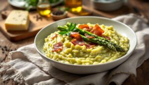 Risotto agli asparagi verdi e speck di Sauris: la ricetta friulana elegante e pronta in 18 minuti