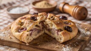 Focaccia ripiena pugliese con cipolla di Tropea e olive taggiasche, perfetta da portare al picnic del 25 aprile