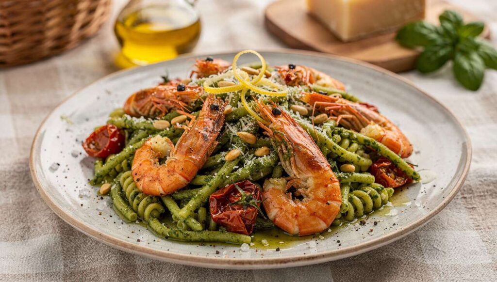 Pasta fredda con pesto genovese e gamberi rossi di Mazara: si prepara la sera prima per il picnic del 25 aprile