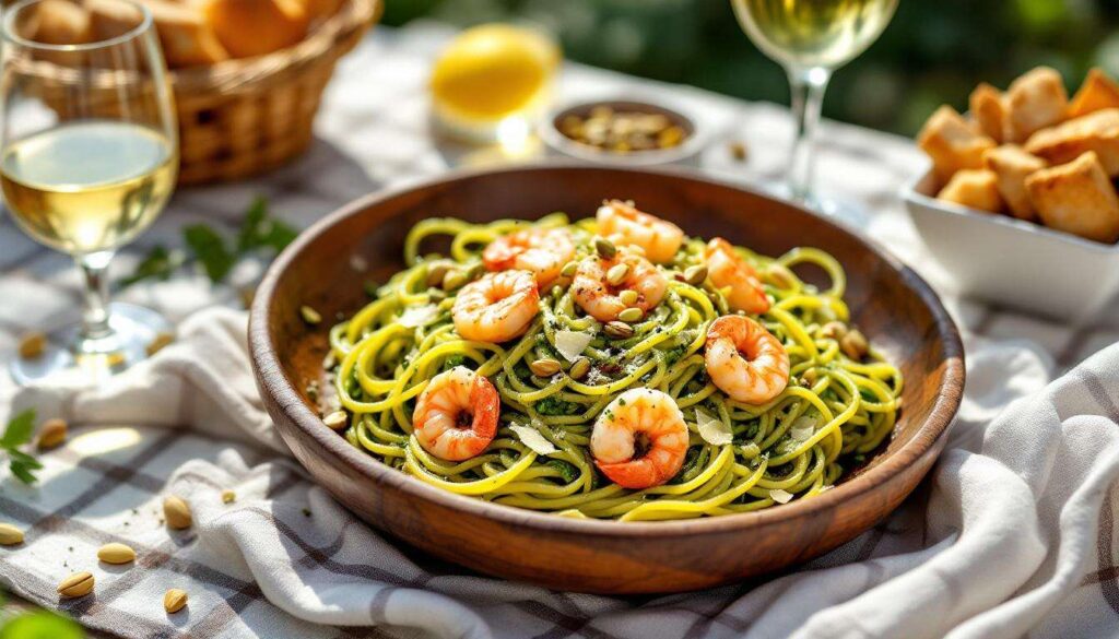 Pasta fredda con pesto di pistacchio di Bronte e gamberi rossi di Mazara per il picnic del 25 aprile