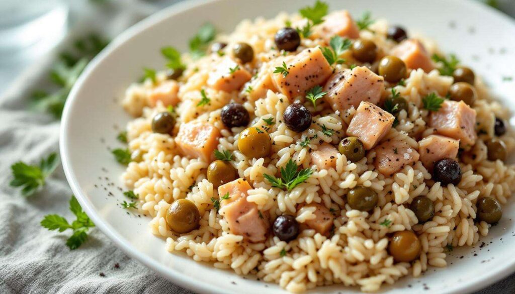 Insalata di riso con tonno, olive di Gaeta e capperi di Pantelleria per il picnic del 1° maggio
