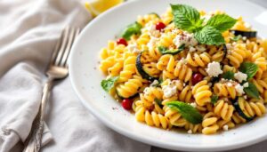 Insalata di pasta integrale con zucchine grigliate, feta e menta fresca, pronta in 20 minuti