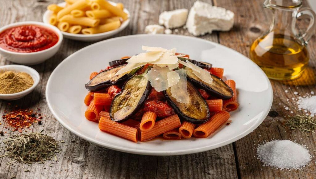 Pasta alla Norma con melanzane siciliane e ricotta salata DOP, il primo della domenica in 30 minuti