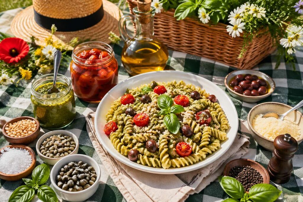 Pasta fredda con pesto genovese DOP e pomodorini del Piennolo per il picnic del 1° maggio