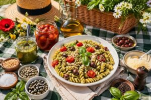 Pasta fredda con pesto genovese DOP e pomodorini del Piennolo per il picnic del 1° maggio