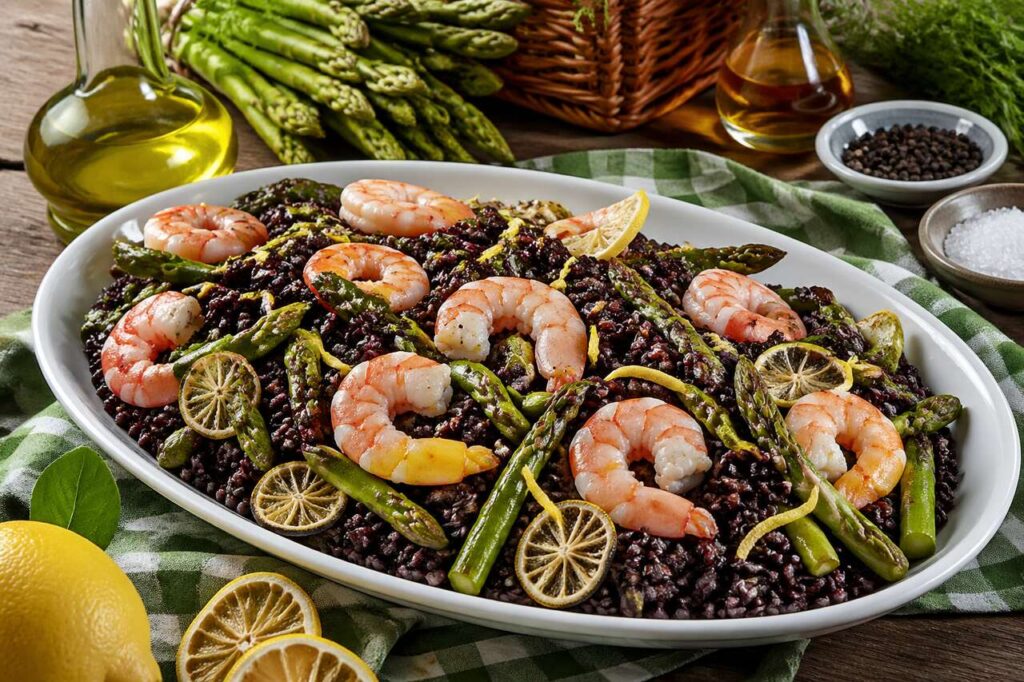 Insalata di riso venere con gamberi di Sanremo e asparagi, il primo freddo per il picnic del 1° maggio