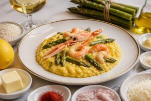 Risotto agli asparagi di Altedo e scampi di Mazara: il primo elegante di Massimo Bottura per il 10 maggio