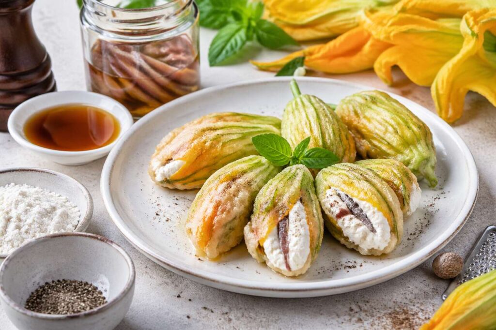 Fiori di zucca ripieni di ricotta romana e alici di Cetara, l'antipasto di primavera in 25 minuti