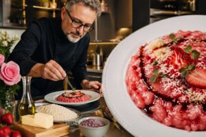 Massimo Bottura prepara il risotto alle fragole e aceto balsamico di Modena per la Festa della Mamma
