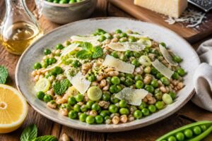 Insalata di farro con piselli freschi, menta e pecorino di Pienza, il primo freddo del picnic del 1° maggio