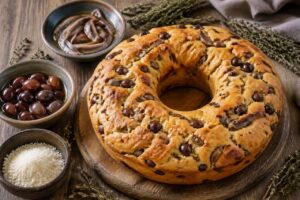 Ciambella salata con olive taggiasche e acciughe del Mar Ligure, l'antipasto del picnic in 55 minuti