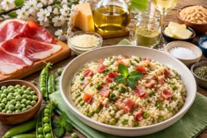 Risotto primavera con piselli di Colfiorito e speck di Sauris IGP, il primo del 1° maggio in 20 minuti